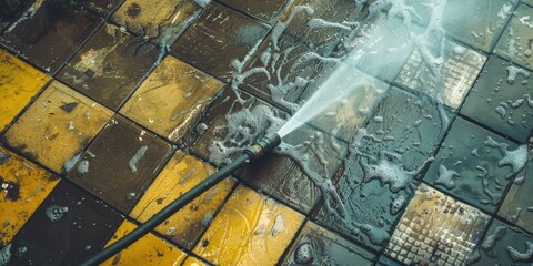 A black and yellow tile floor with a pressure washer spraying water on it. The water is spraying in all directions, creating a wet and slippery surface - obrazy, fototapety, plakaty