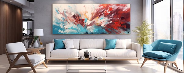 Splashes of bright paint on the canvas. turquoise, maroon and white colors. Interior painting