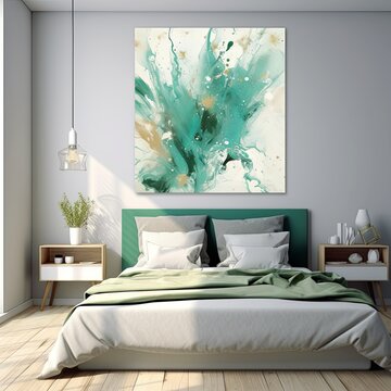 Splashes of bright paint on the canvas. teal, olive and white colors. Interior painting