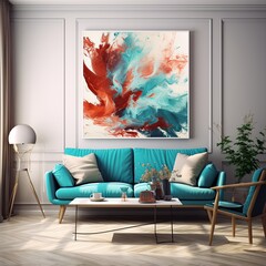 Splashes of bright paint on the canvas. turquoise, maroon and white colors. Interior painting