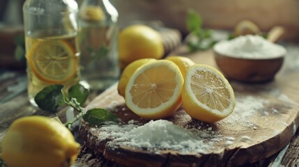 A wooden cutting board with a pile of lemons and a bowl of salt