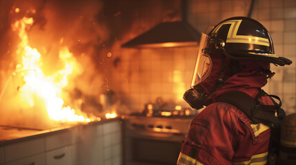 Firefighter in full gear standing in front of a raging kitchen fire, demonstrating emergency response and fire safety concepts