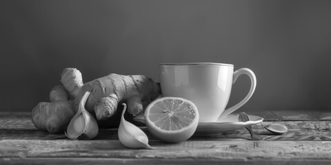 A white mug with a slice of orange and a clove of garlic sits on a wooden table - obrazy, fototapety, plakaty