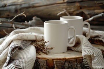 Rustic mug mockup showcasing two blank white coffee cups with handles on a wooden slab, complemented by a soft blanket and natural wood elements for cozy home decor photography.
 - obrazy, fototapety, plakaty