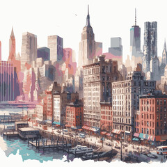 New York skylines Watercolor, Painted Skyscrapers illustration, skylines Watercolor Art on white background