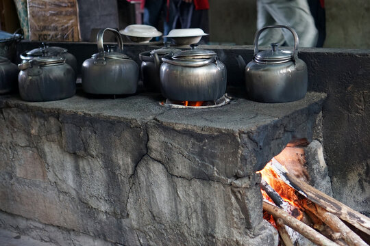 Classic kettle on a wood-burning stove