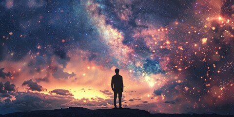 A man stands on a hill looking up at the stars. The sky is filled with stars and the man is silhouetted against the backdrop of the night sky - obrazy, fototapety, plakaty