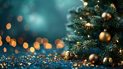 Obraz na płótnie Canvas Golden Baubles and Shiny Lights on Blue Christmas Tree