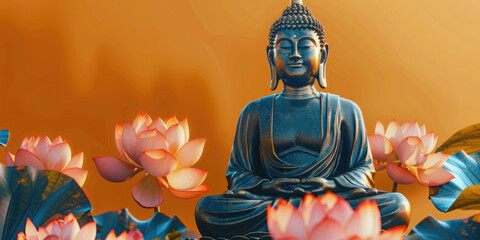 A statue of a Buddha is sitting in front of a bunch of pink flowers. The statue is surrounded by a lot of flowers, which gives the impression of a peaceful and serene environment