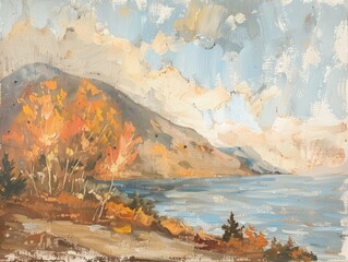 Vintage autumn coastal landscape oil painting featuring distant mountains, rendered in a palette of earthy rich tone