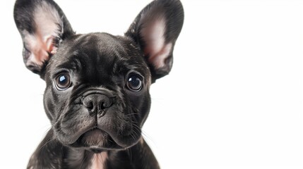 Close-up of a curious black French Bulldog puppy with alert ears and a glossy coat, isolated on a white background, suitable for pet care and companionship concepts