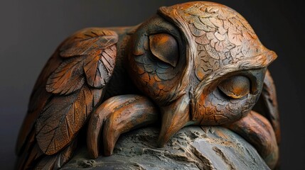 Ornate Carved Wooden Owl Figurine Showcasing Intricate Details and Rustic Charm