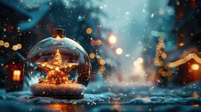 Christmas Star Snow Globe with Nativity Scene - 3D Rendered Holiday Wishes and Festive Decor Concept