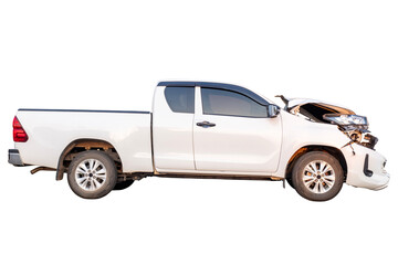 Car crash, Side view of white pickup car get hard damaged by accident on the road. damaged cars...