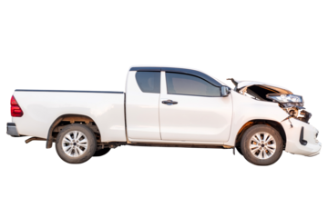 Car crash, Side view of white pickup car get hard damaged by accident on the road. damaged cars after collision. isolated on transparent background, PNG File