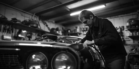 Fototapeten Vintage mechanic working on classic car restoration project in garage with tools and equipment © SHOTPRIME STUDIO