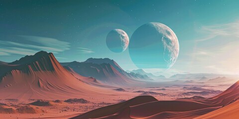 A desolate landscape with two large moons in the sky. The sky is blue and the mountains are brown - obrazy, fototapety, plakaty