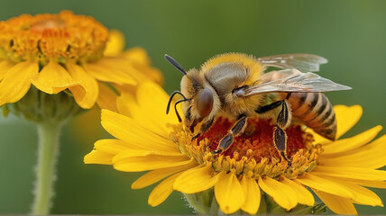 Honey bee collecting pollen from a yellow flower. Macro photography.