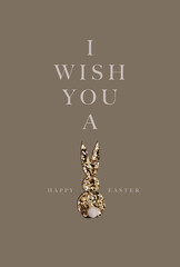 Gold glitter bunny, with "I wish you a happy easter" lettering, beige background
