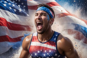American usa male athlete screaming with joy afrer winning competition on olympic games with american flag in the background