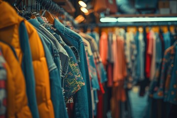 A rack of clothes with a yellow jacket hanging on the left - obrazy, fototapety, plakaty