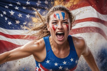 American usa female athlete screaming with joy afrer winning competition on olympic games with american flag in the background