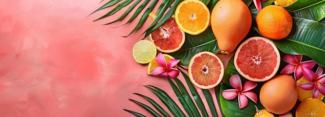 Tropical fruits on a backdrop of coral. Flat lay, top view. Closeup, copy space.
