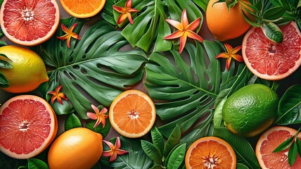 Tropical fruits on a backdrop of coral. Flat lay, top view. Closeup, copy space. - obrazy, fototapety, plakaty