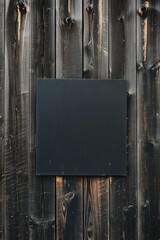 A black square with a white border sits on a wooden wall. The wooden wall is old and has a rustic feel