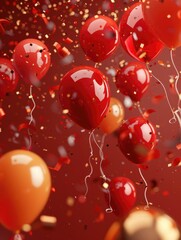 A bunch of red and orange balloons are floating in the air, with some of them having gold accents. The scene is lively and festive, with the balloons and confetti creating a sense of celebration