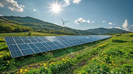 solar energy systems, wind turbines, and green farms. - obrazy, fototapety, plakaty