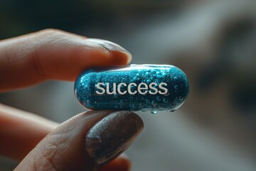Fingers holding a blue mini pill with text success - obrazy, fototapety, plakaty