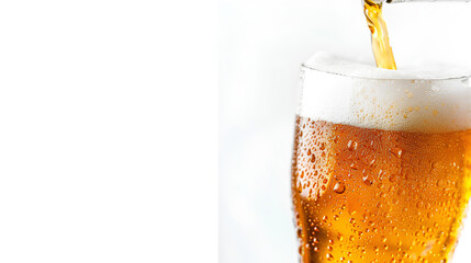 Beer is poured into a glass, close-up on a white background. Craft beer serving, beer bottling technique. - obrazy, fototapety, plakaty