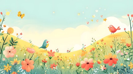 Bright and joyful birds with colorful butterflies in a vibrant springtime flower field under a sunny sky.