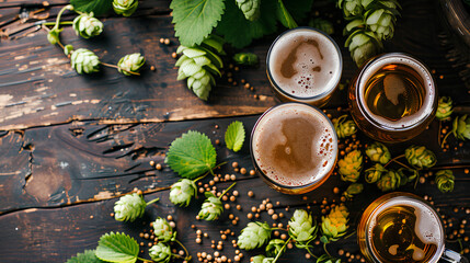 Beer mugs with foamy beer and fresh hops on a wooden background, top view, a place to copy.