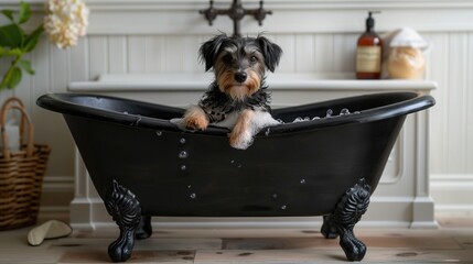 happy, beautiful, playful adorable westie with bubbles on his face in black oversized Cambridge cast iron double-ended clawfoot tub - obrazy, fototapety, plakaty