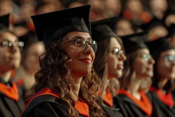 A woman in a graduation gown is smiling at the camera. She is surrounded by other graduates in their graduation gowns
