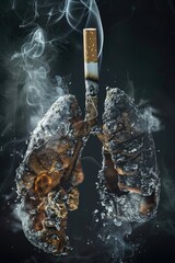 A close up of a lung with a cigarette in it. The lung is black and charred, and the smoke from the cigarette is visible. Concept of the harmful effects of smoking on the body - obrazy, fototapety, plakaty