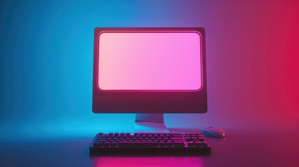 A 3D rendering of the blank screen of an old desktop PC is illuminated by bright retro lighting colors.
