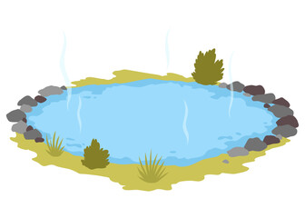 Japanese outdoor onsen pool with hot spring water vector illustration. Cartoon isolated traditional pond with rocks of spa resort in Japan, natural geothermal onsen bath for relax and bathing