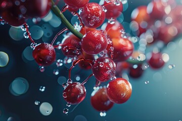 A close up of a bunch of red cherries with water droplets on them. The cherries are surrounded by a blue background