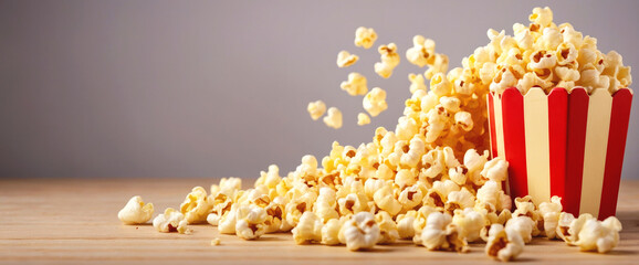 There is a whole red box of popcorn on the table, popcorn scattered nearby, popcorn flying. Panorama.