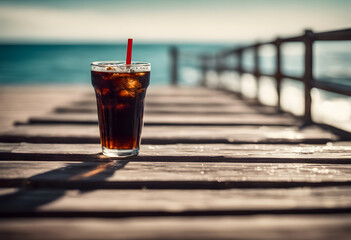 A glass of cola on a wooden jetty with the sea and blue sky - obrazy, fototapety, plakaty