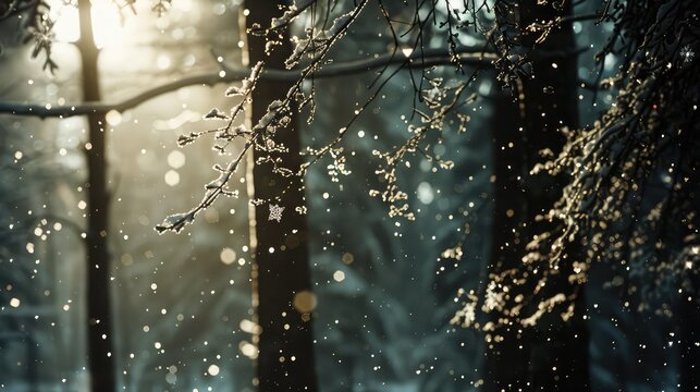 It's snowing, and there are snowflakes falling on the forest's tree branches in the early morning.