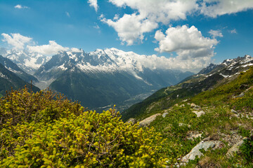Picturesque panoramic view of the snowy Alps mountains, the Mont Blanc mountain and glacier and...