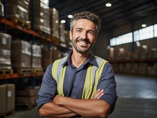 Cheerful male warehouse worker smiling and crossing arms at camera