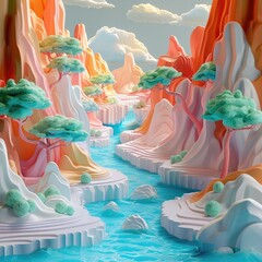 Immersive Dreamscape:A Surreal 3D of a Fantastical Waterfall and Mountain Landscape