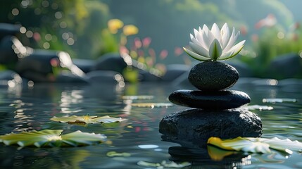 Tranquil Zen Garden with Massage Stones and Water Lily for Relaxation and Meditation - obrazy, fototapety, plakaty