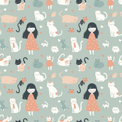 cute cat and cute girl seamless pattern. drawing style