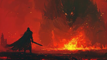 Obraz premium The brave knight, sword in hand, stands ready to battle the fierce lava demon in the fiery depths of hell, captured in a stunning digital painting.